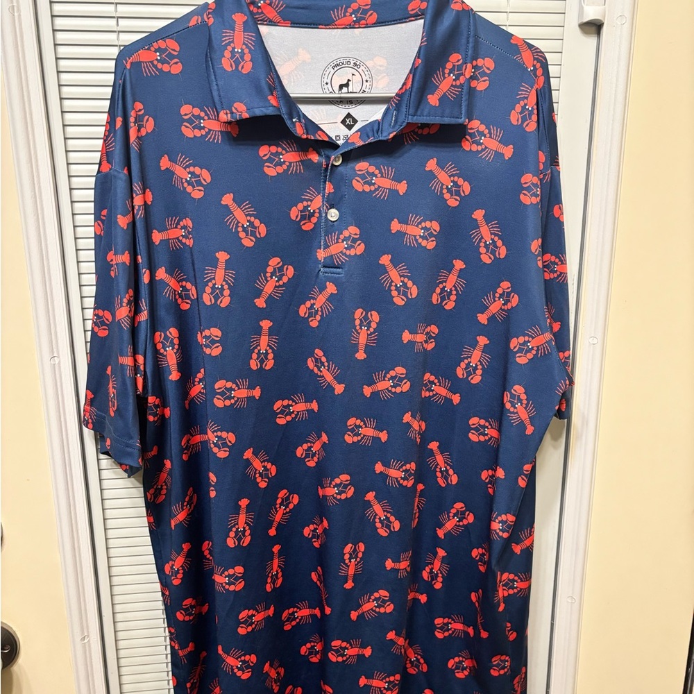 Men's Navy Polo with Red Lobster Print - Stylish Casual Shirt